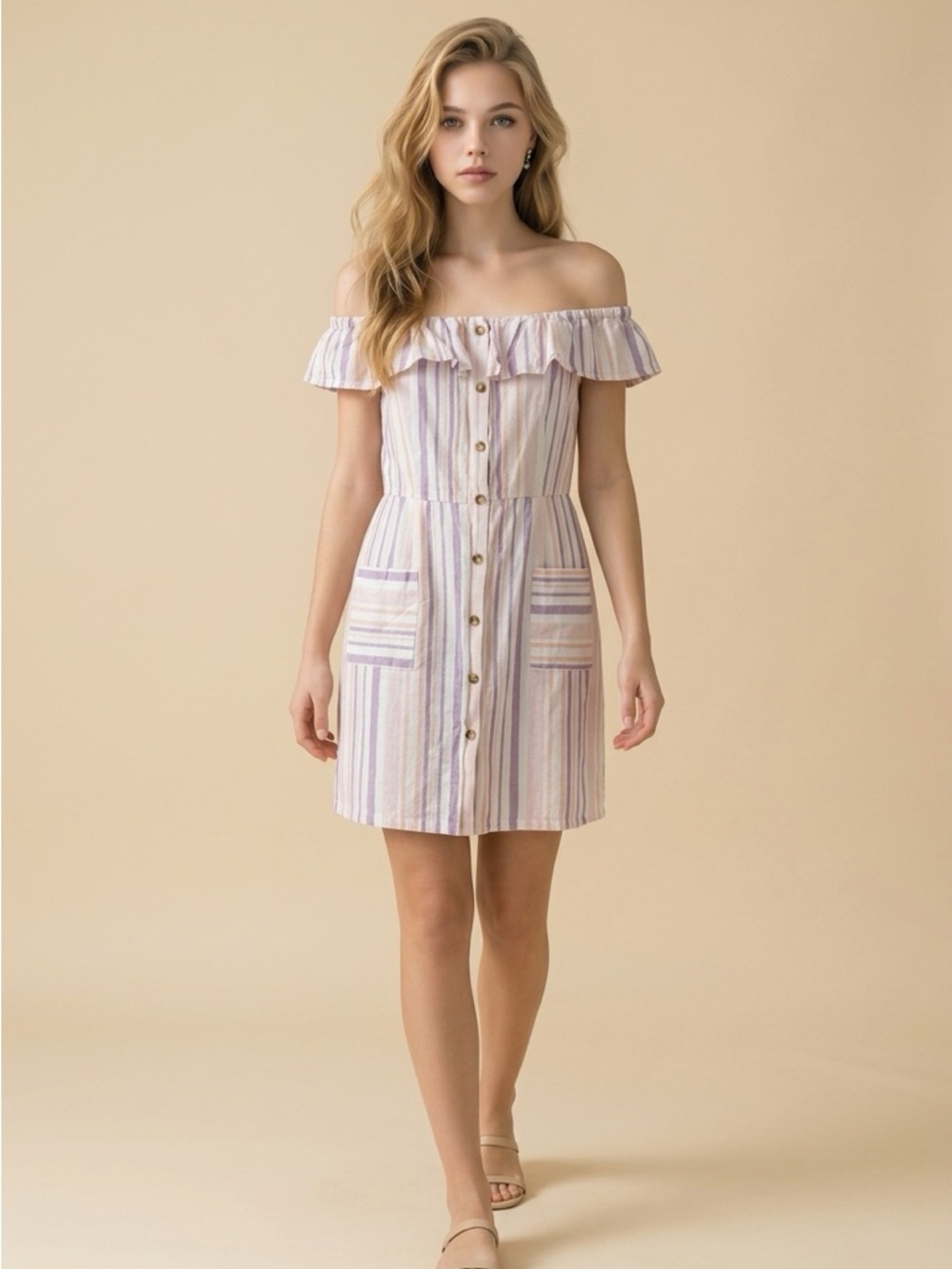 Charming Charlie Off-Shoulder dress, 100% Cotton, M in Lavender & Cream, Size M